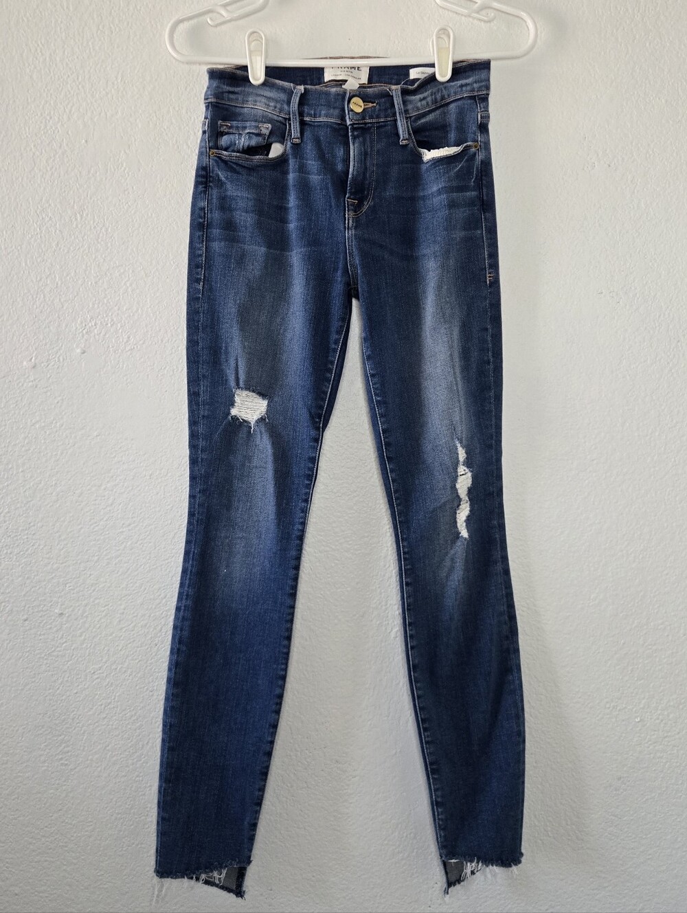 FRAME Denim Le Skinny De Jeanne Distressed Stretch Skinny Jeans Raw Step Hem 26